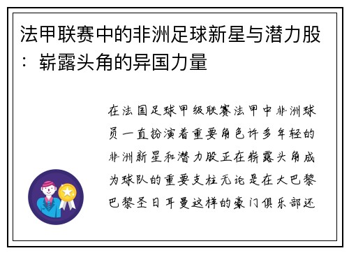 法甲联赛中的非洲足球新星与潜力股:崭露头角的异国力量